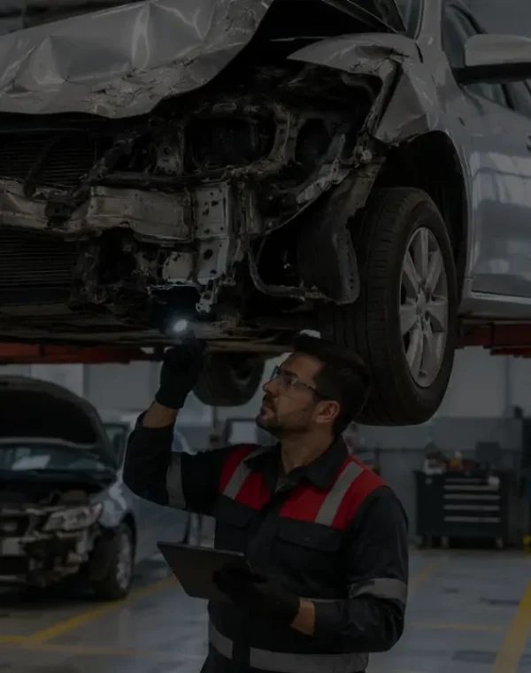 Engenheiro da Vistoricar inspeciona longarinas de veículo recuperado de sinistro para emissão do CSV